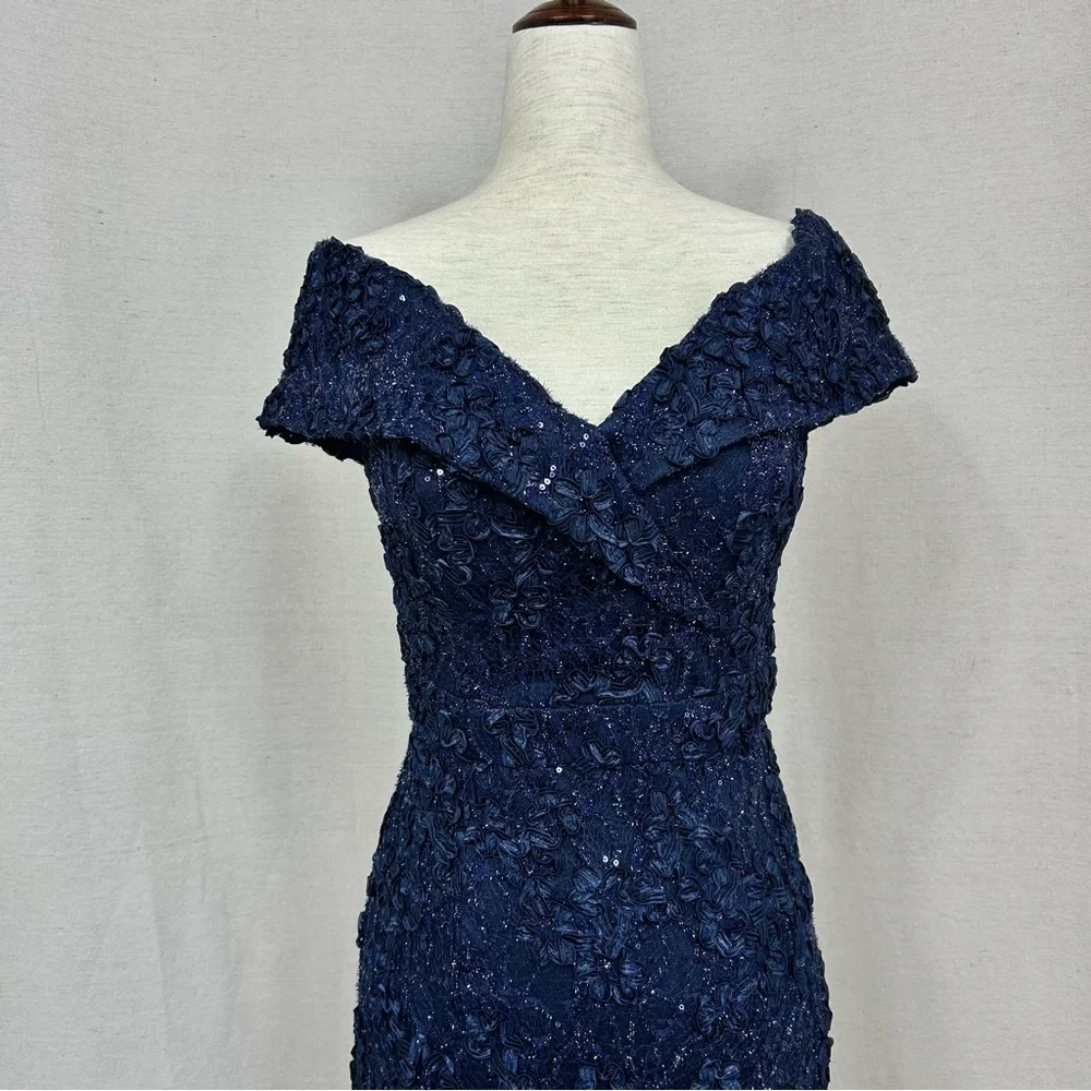 Xscape Navy Blue Rosette Sequin Lace Mermaid Off Shoulder Prom Gown Size 4 - Picture 4 of 10